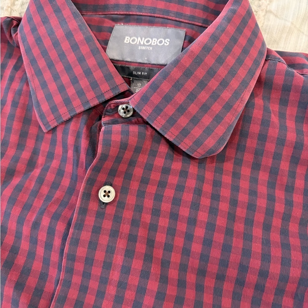 Bonobos Men’s‎ Stretch Slim Fit Long Sleeve Button-Down Red Navy Gingham 17/35